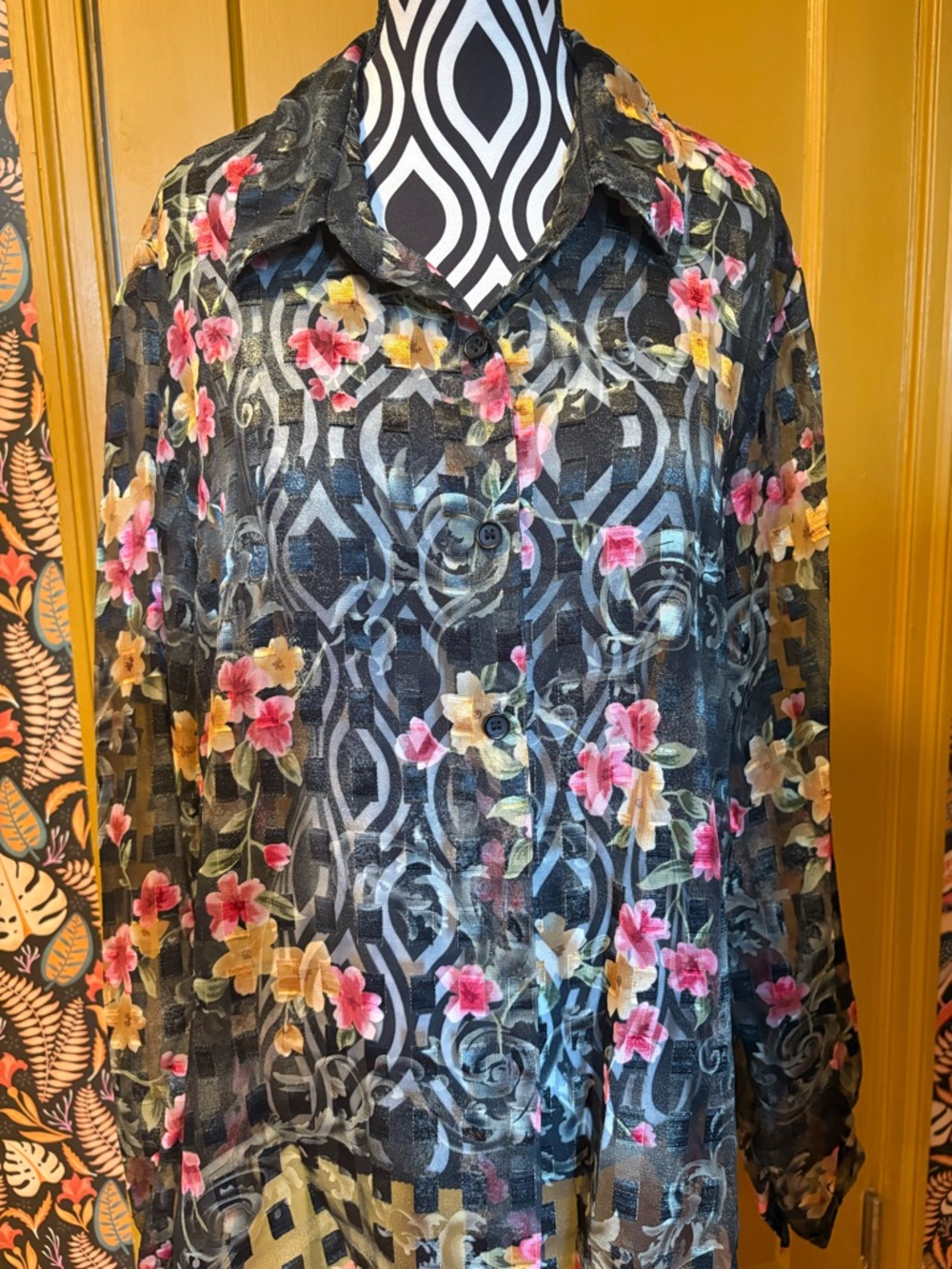 Vintage Sheer Black Floral Button-Up Blouse